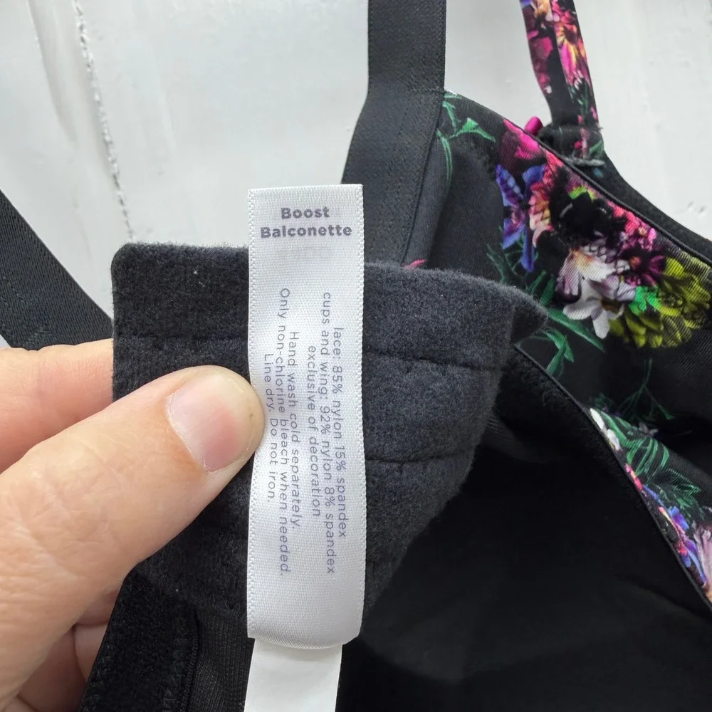 Cacique Boost Balconette Bra 44DD Black Floral Lace Underwire Molded Cup